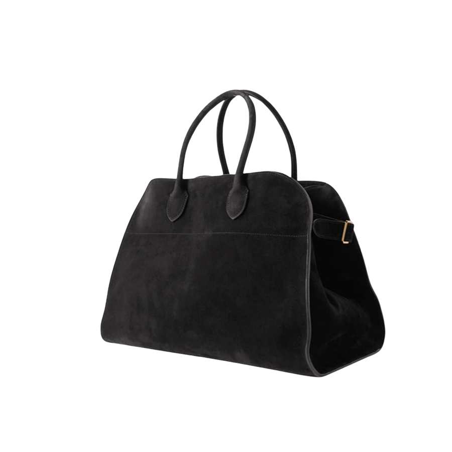 Black faux suede ladies handbag with strap on the side