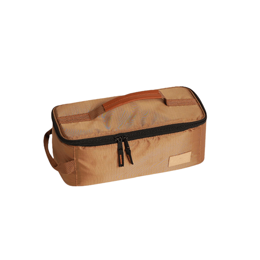 Khaki cosmetic bag with black double zip puller and side handle