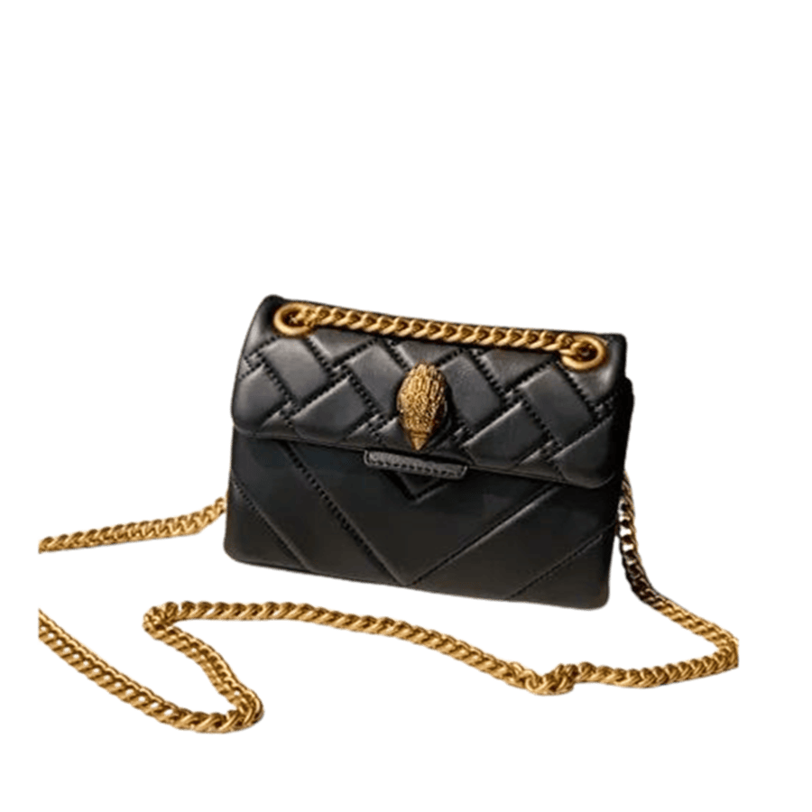Black embossed quilting ladies handbag with decorative hardware and magnetic snap closure