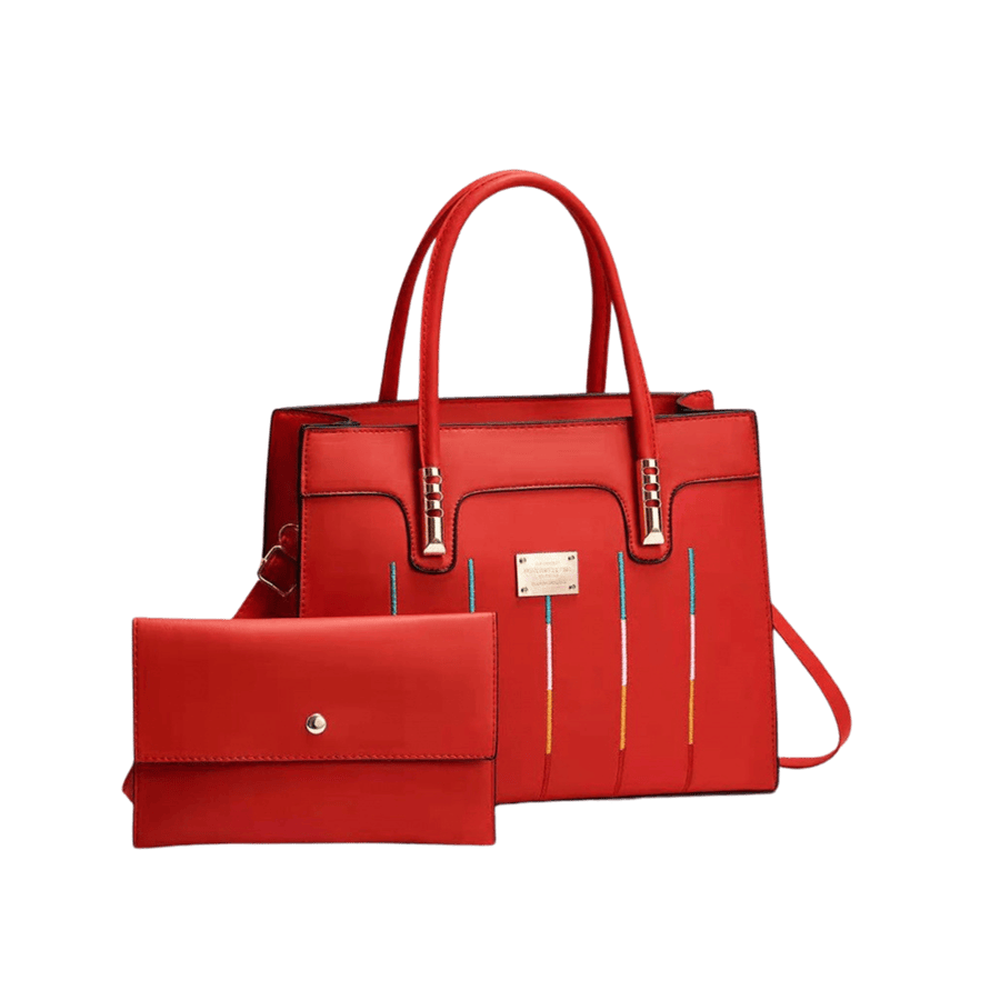 Red ladies handbag sets with metal tab of handle and metal plate