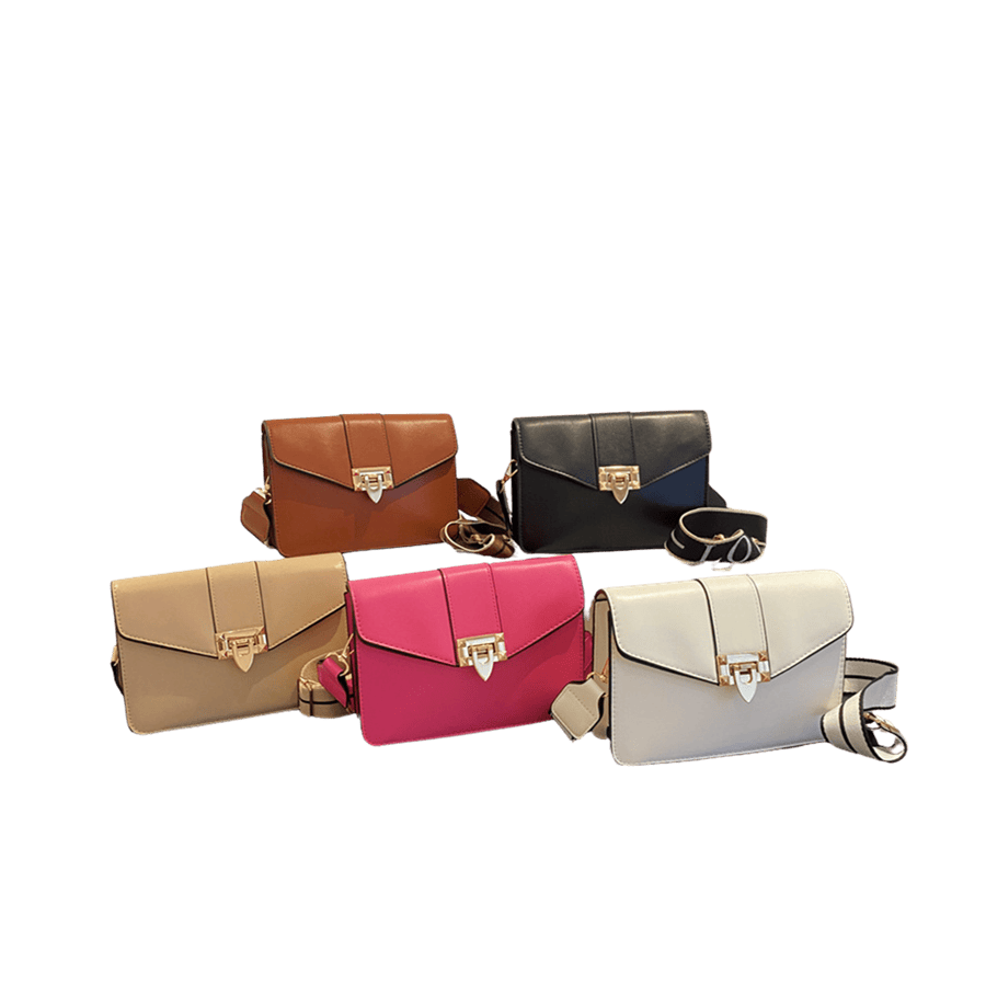 Beige ladies crossbody bag with lock closure and contrast edge painting