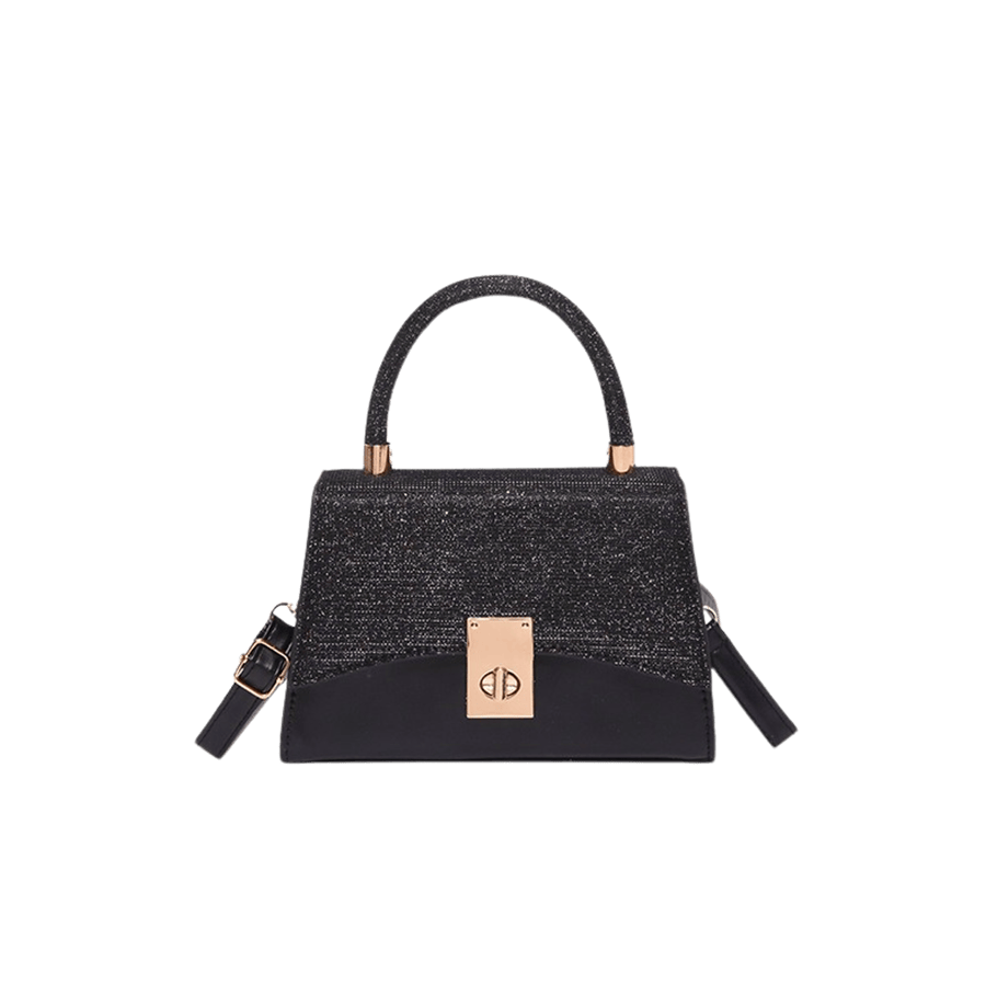Black ladies handbag with metallic trim PU and lock closure