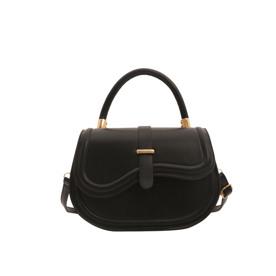 Black ladies handbag with bombe on the flap and metal tubular on the handle