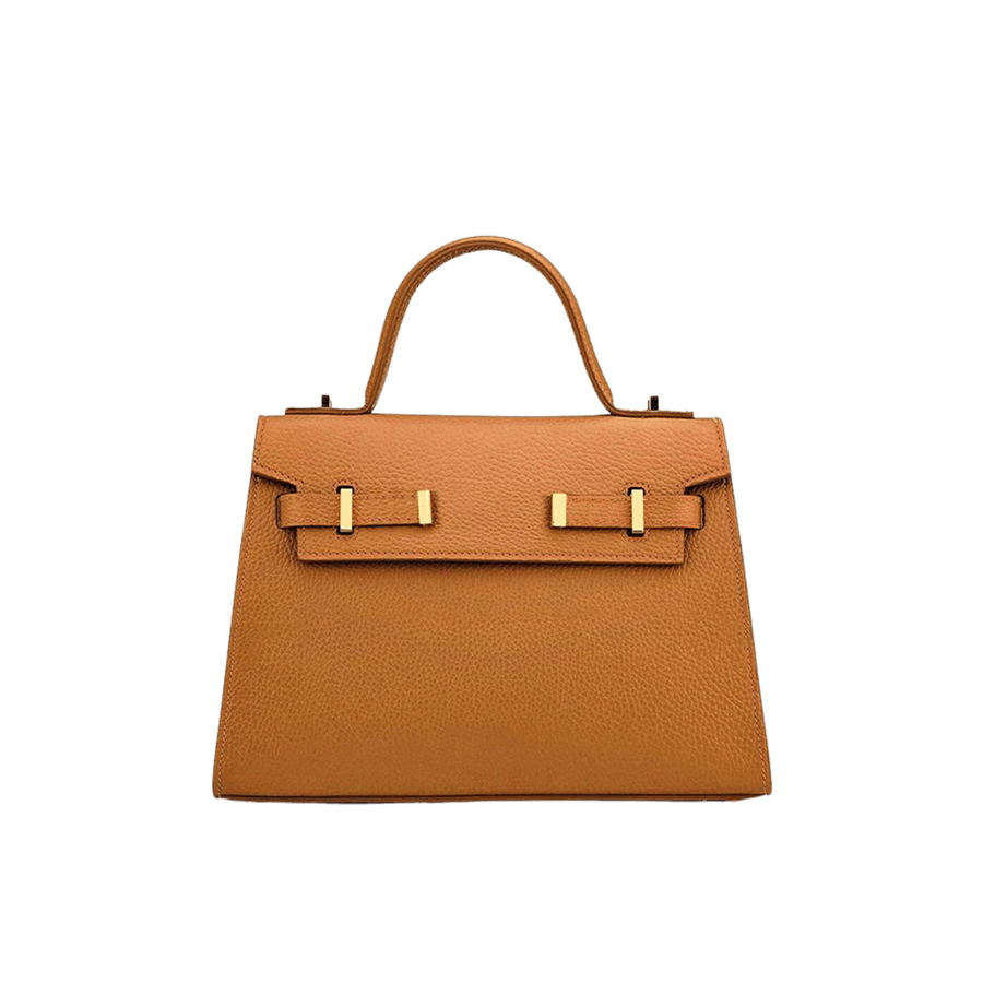 Brown ladies handbag with decorative straps and metal bridge