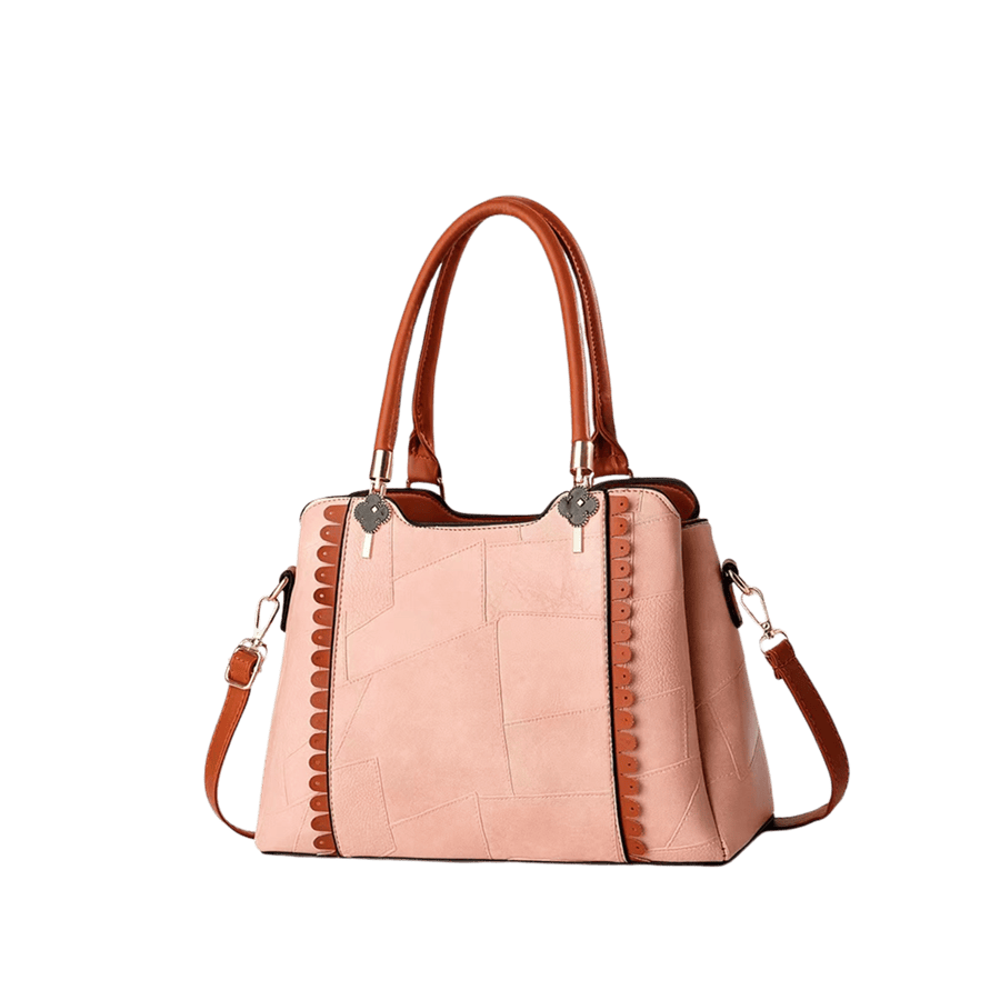 Pink splicing PU ladies handbag with brown trim PU and metal tab