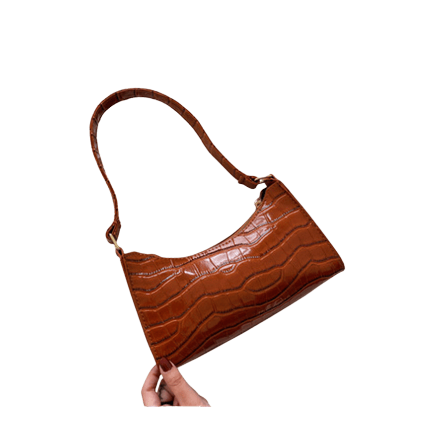 Brown croco PU ladies handbag with top zip closure