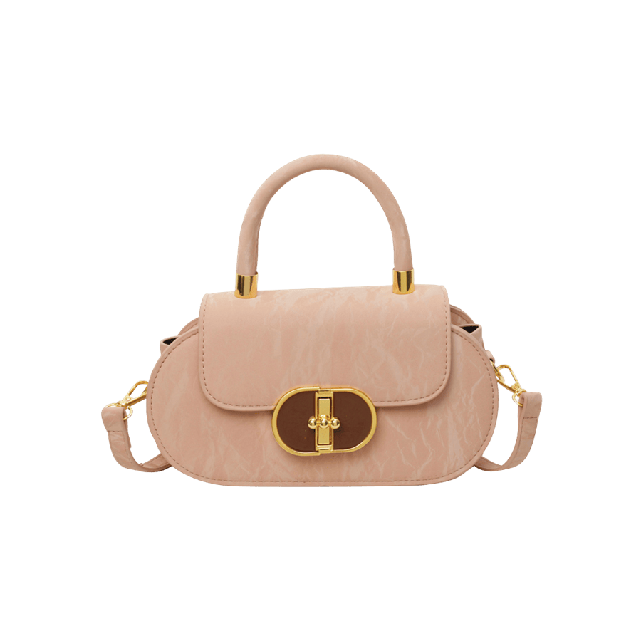 Pink ladies handbag with brown enemal lock closure and metal tubular
