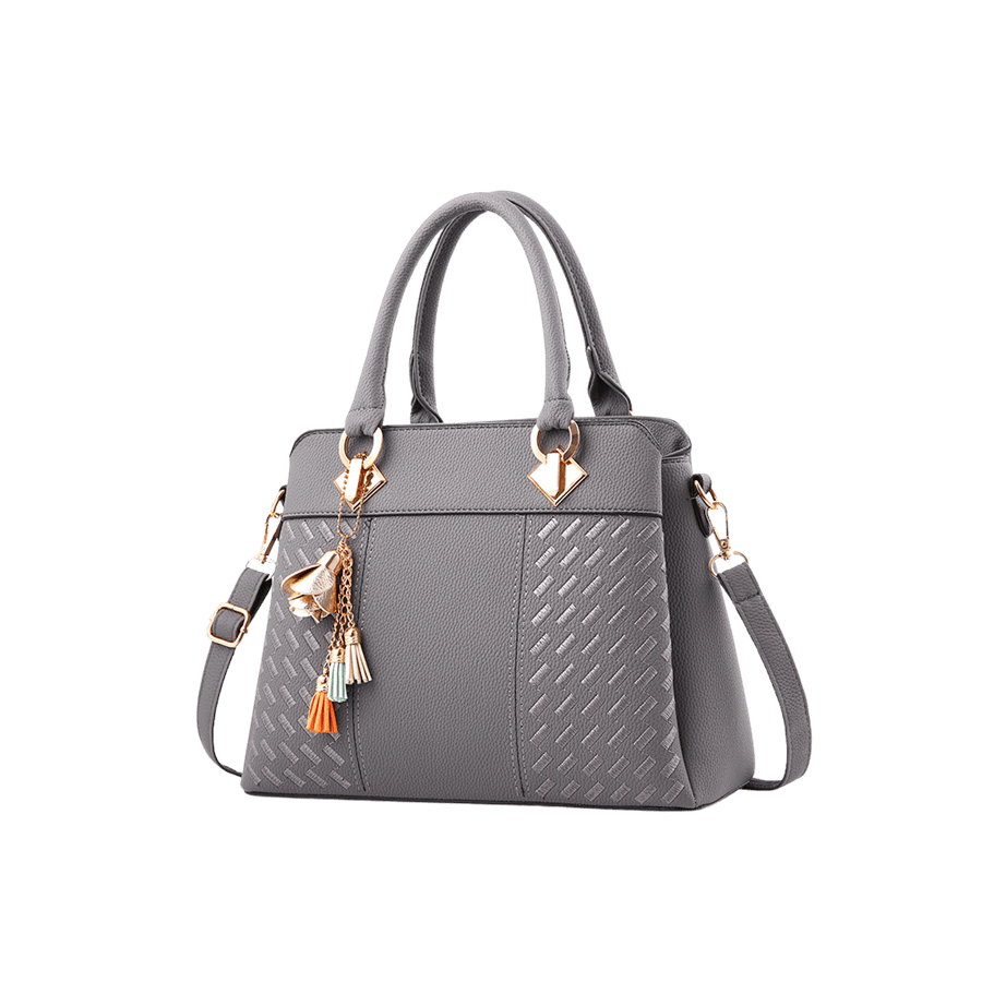 Grey weave PU ladies handbag with three tassels hangtag and metal tab of the handle