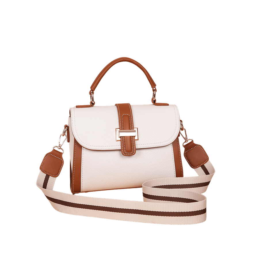 Beige ladies handbag with stripe webbing shoulder strap and orange trim PU