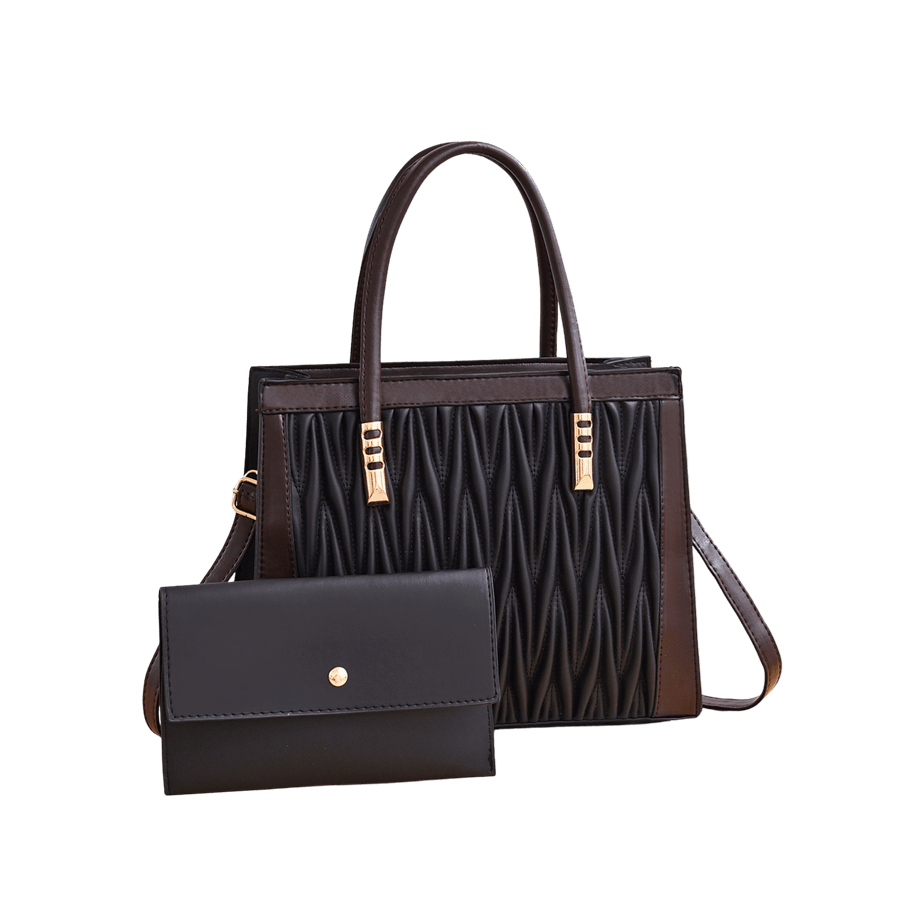 Brown ladies pleat tote sets with metal tab of handle and brown trim PU
