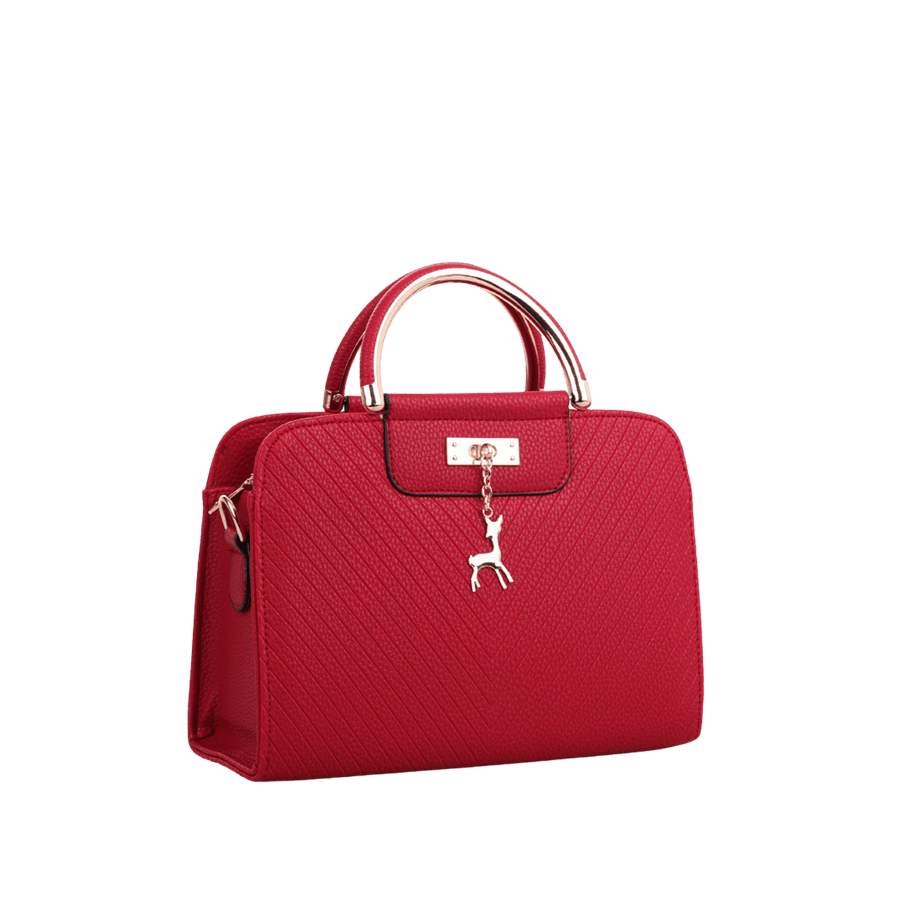 Red embossed ladies handbag with metal handle and metal hangtag