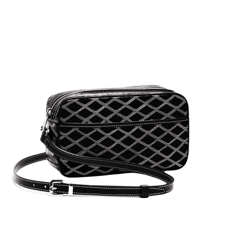 Black ladies crossbody bag with prints and black trim PU