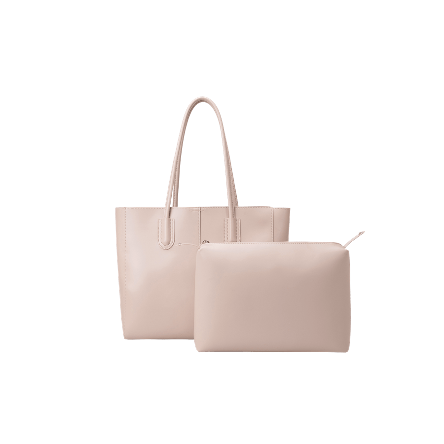Beige ladies tote bag with detachable pouch and splicing on the body