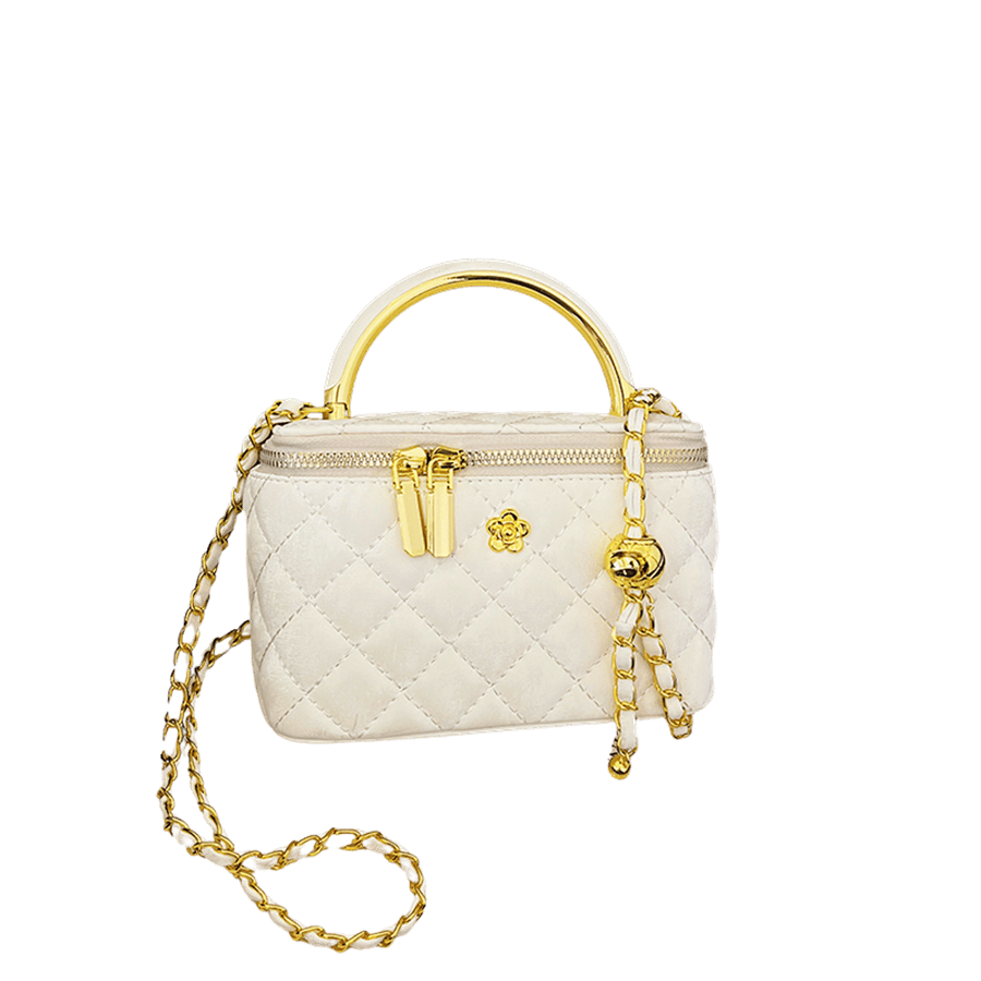 White quilting ladies handbag with metal handle and decorative metal flower