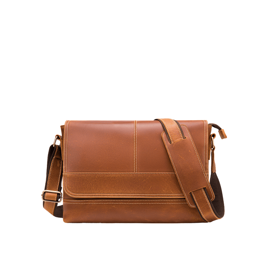 Brown men's crossbody bag with magnetic snap closure