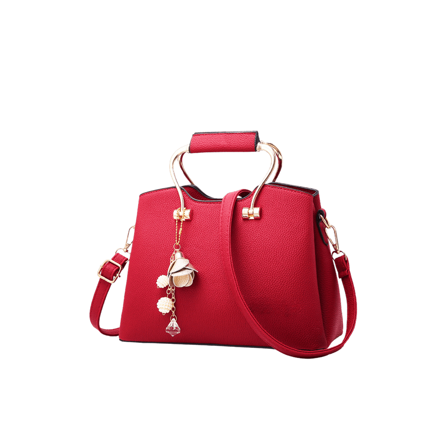 Red ladies handbag with metal flower hangtag and metal handle