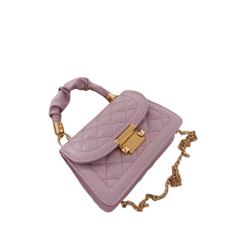 Beige ladies quilting handbag with plicated handle and lock closure