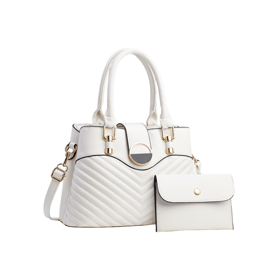 White quilting ladies handbag sets with decorative round enemal hardware and metal tab of handle