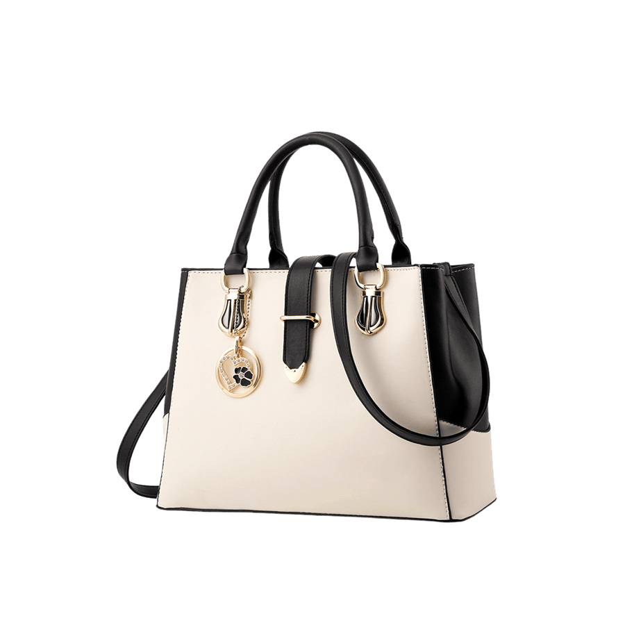 Beige ladies tote with black trim PU and metal hangtag