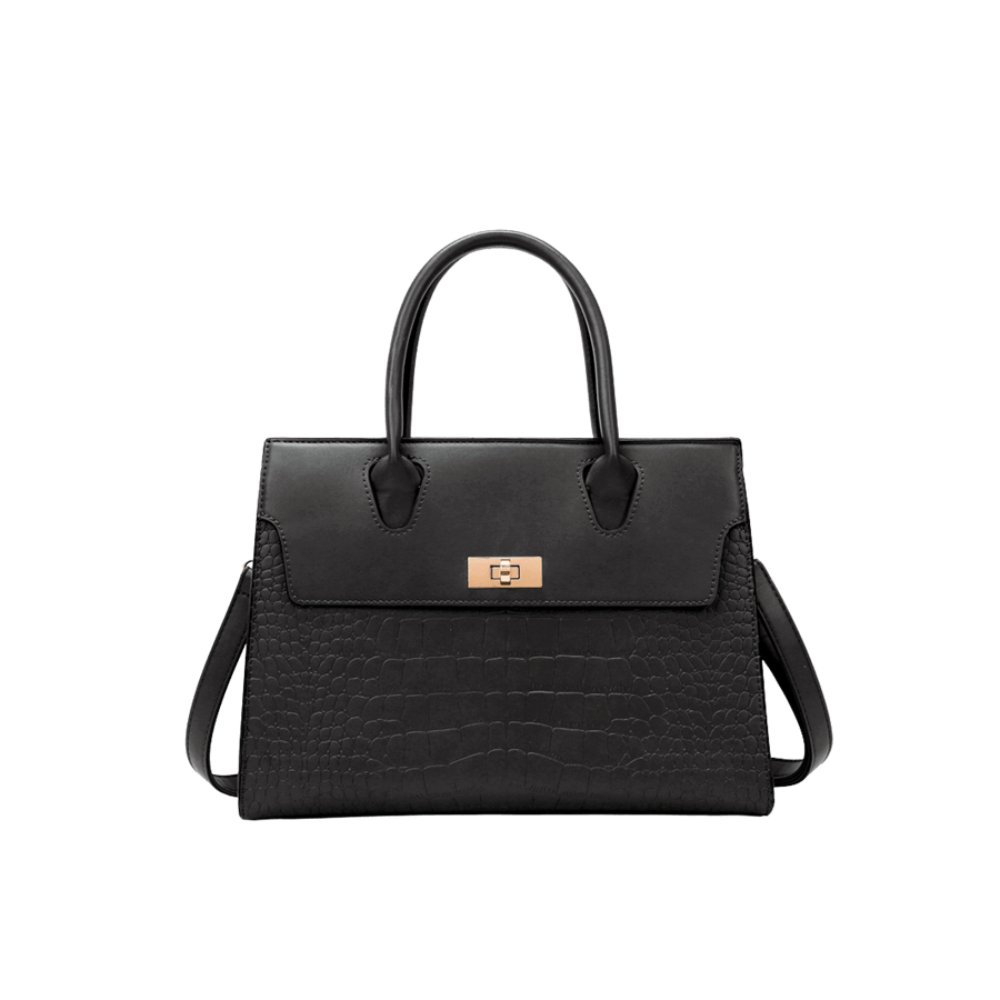 Black croco PU ladies tote bag with decorative lock and black trim PU