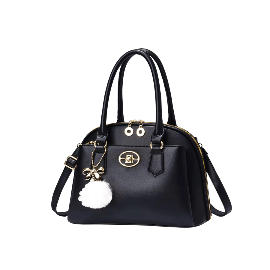 Black ladies handbag with detachable bowknot pompom and lock