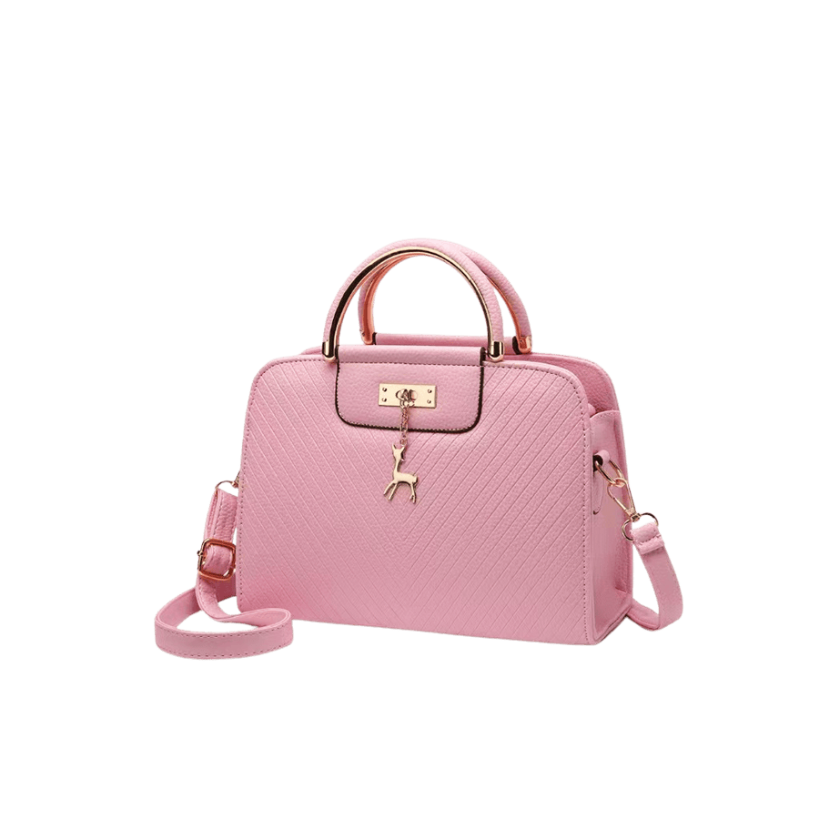 Beige embossed ladies tote bag with metal handle and decorative hardware