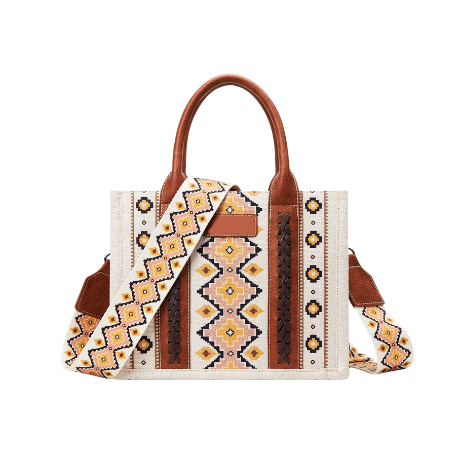 Beige ladies tote bag with weave on the front and jacquard on the body