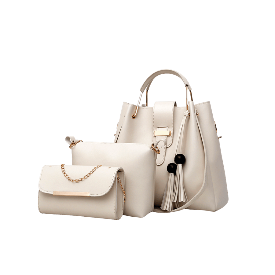 White ldies handbag sets with PU tassel and metal bridge closure