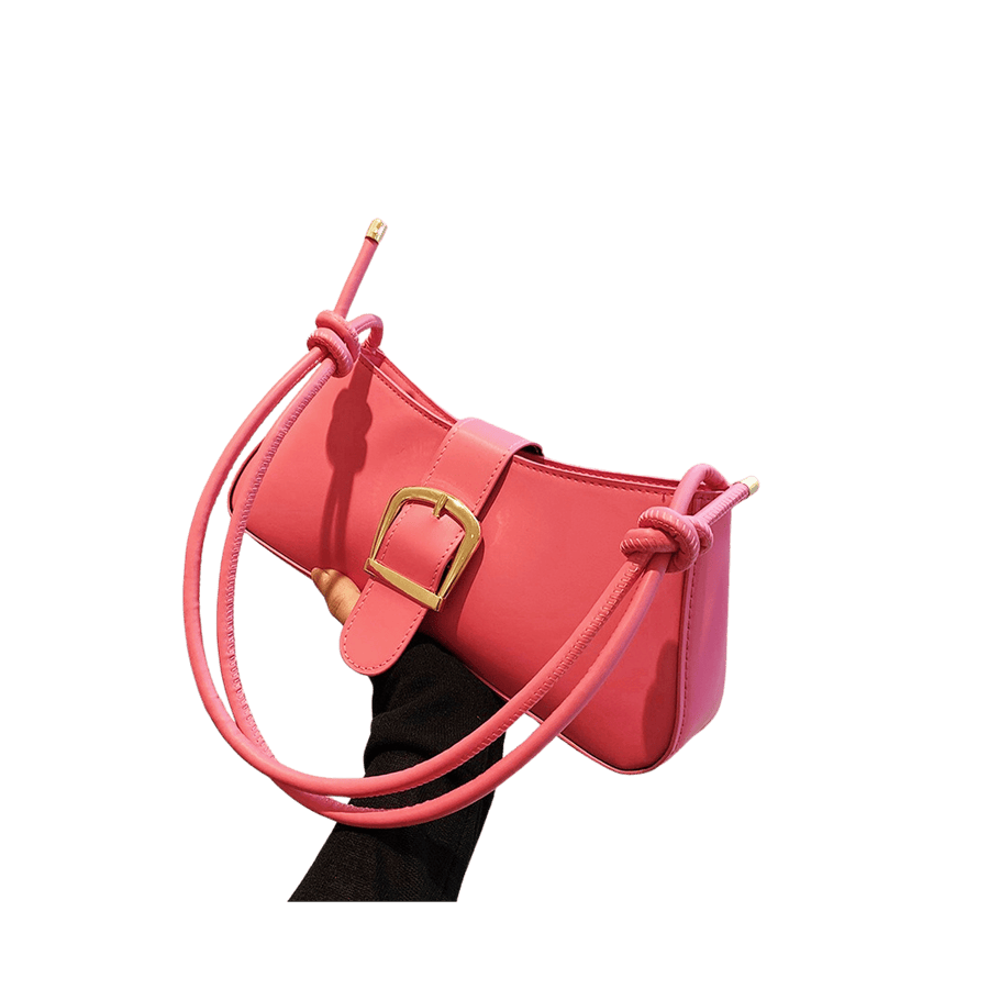 Pink ladies handbag with knotted handle and decorative buckle