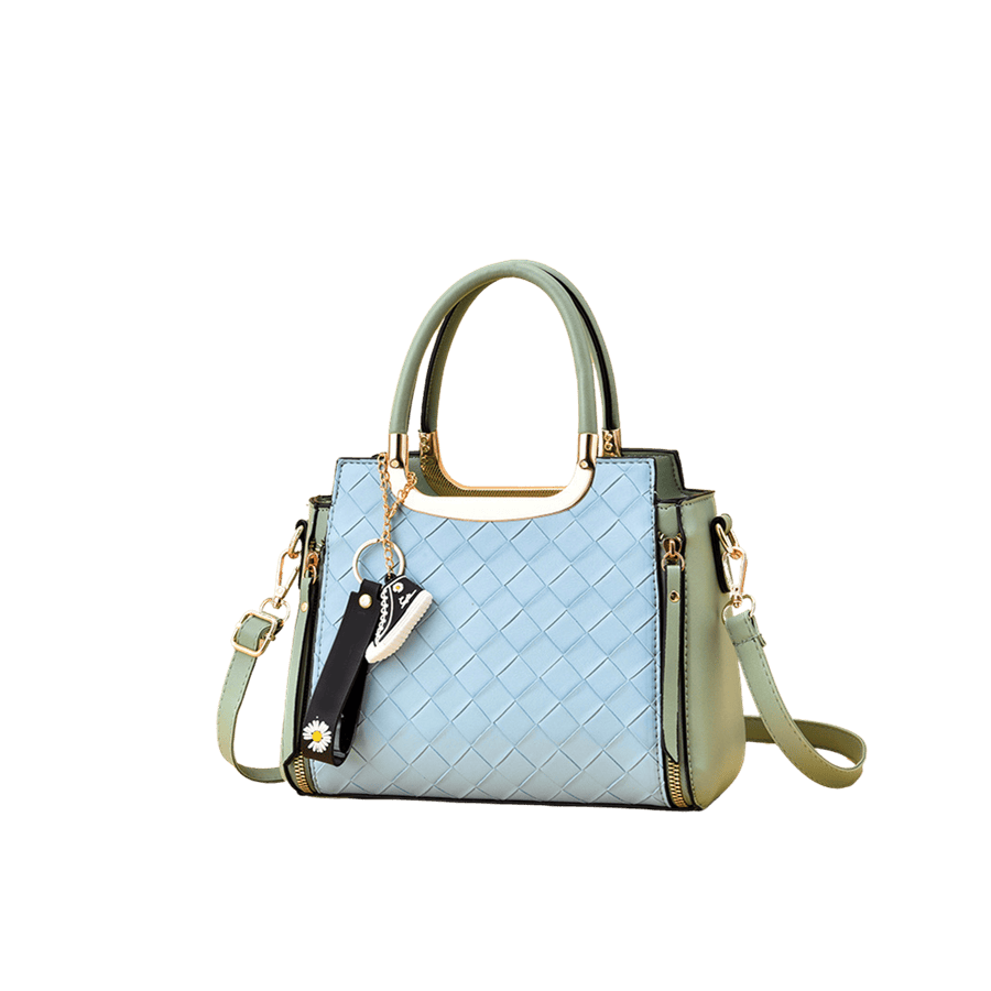 Blue weave ladies handbag with green body material and detachable rubber hangtag