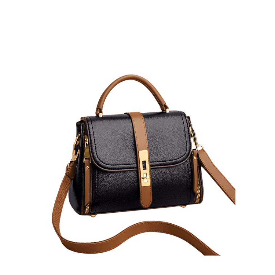 Black ladies handbag with brown trim PU and lock closure