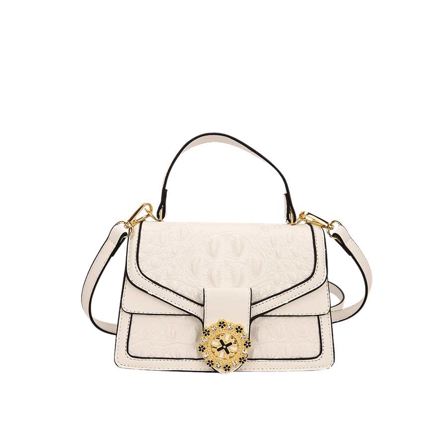 White ostrich PU ladies handbag with decorative round hardware and contrast edge painting