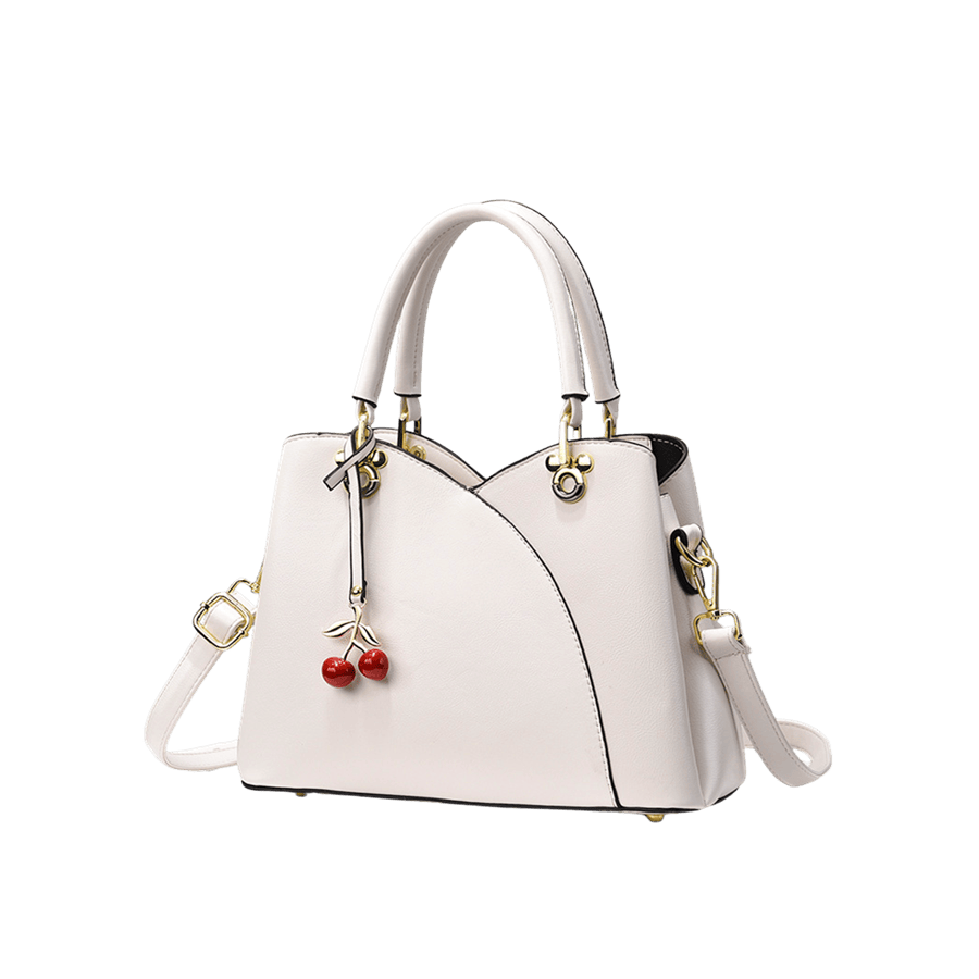 White ladies handbag with detachable hangtag and metal tab of handle