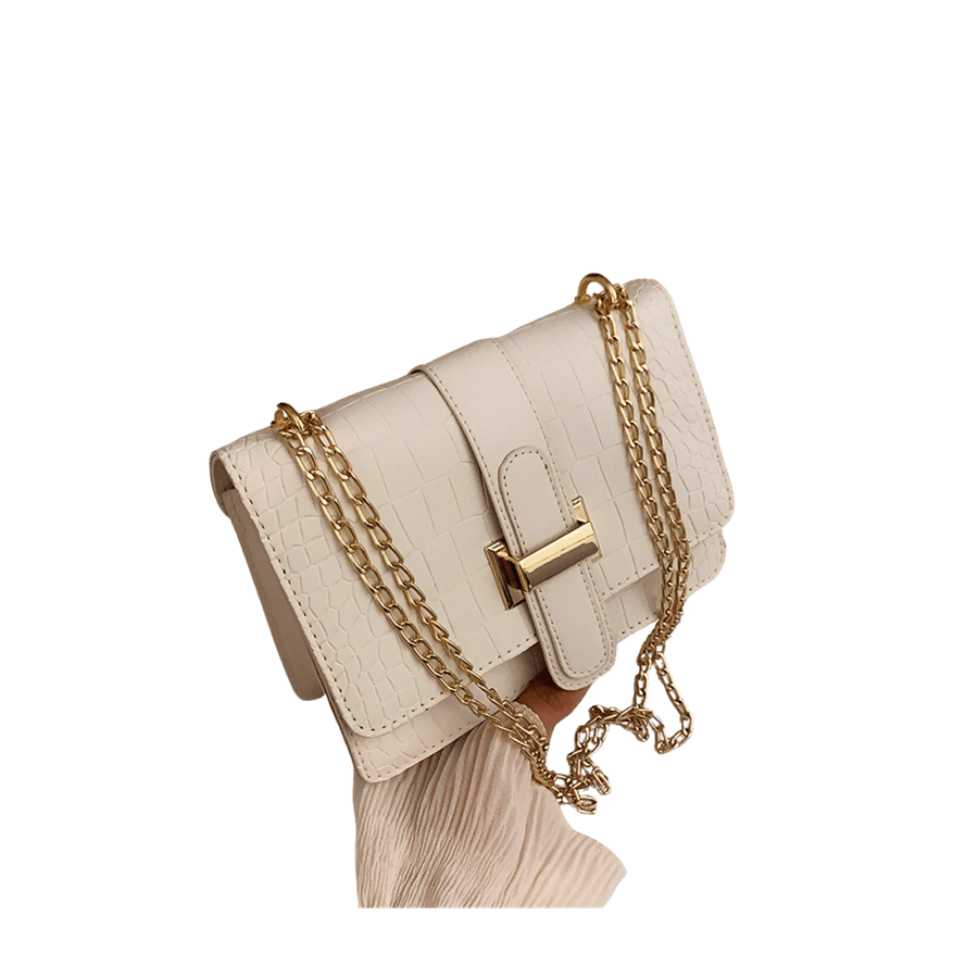 White croco PU ladies crossbody bag with decorative metal bridge and magnetic snap closure