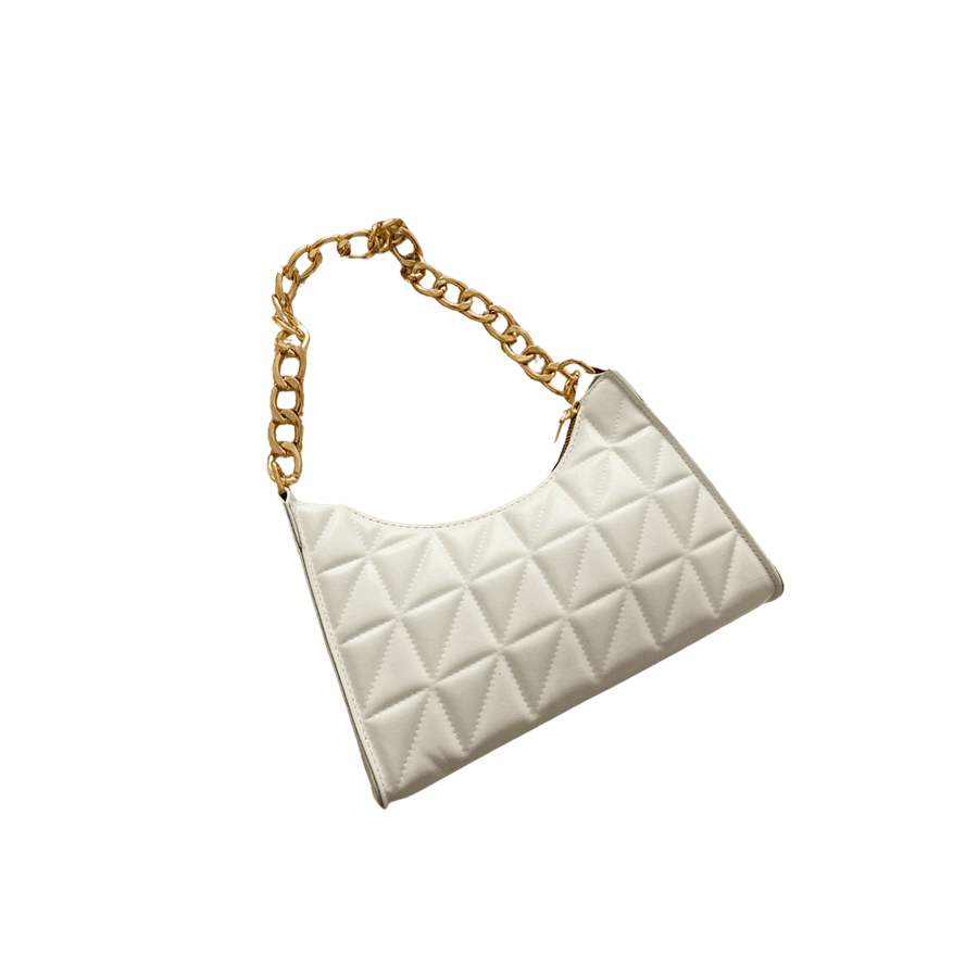 White quilting ladies handbag with chain handle and zipper closure