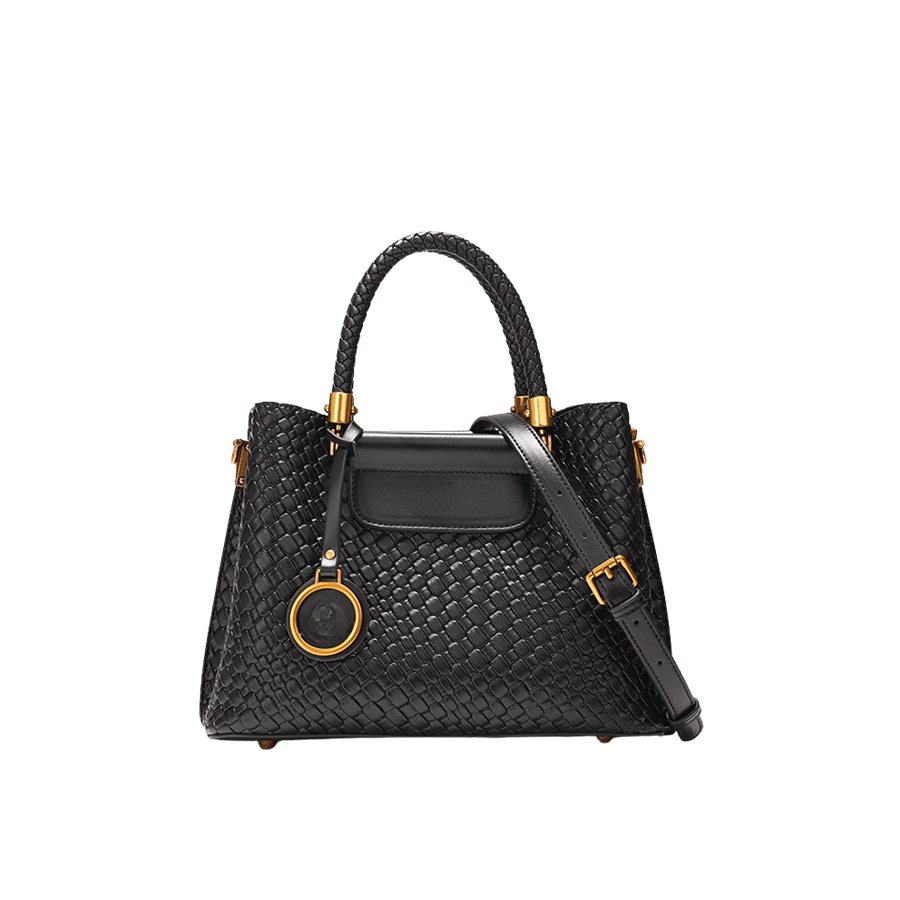Black weave ladies handbag with weave handle and PU hangtag