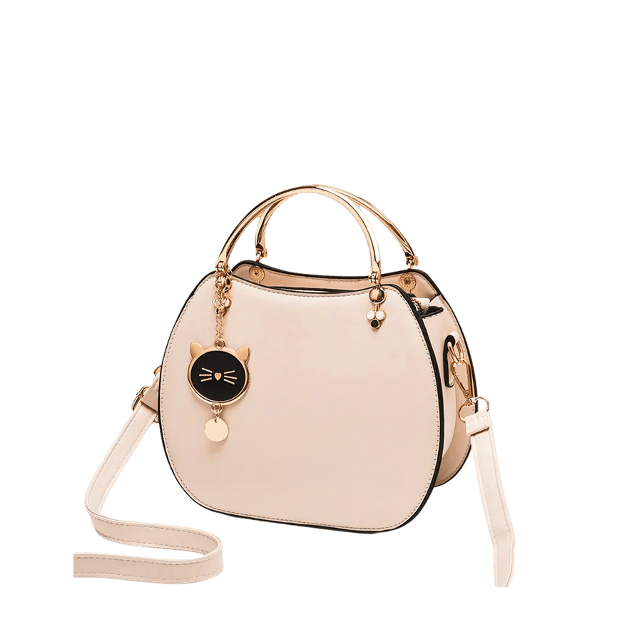 Pink ladies handbag with metal handle and cat metal hangtag