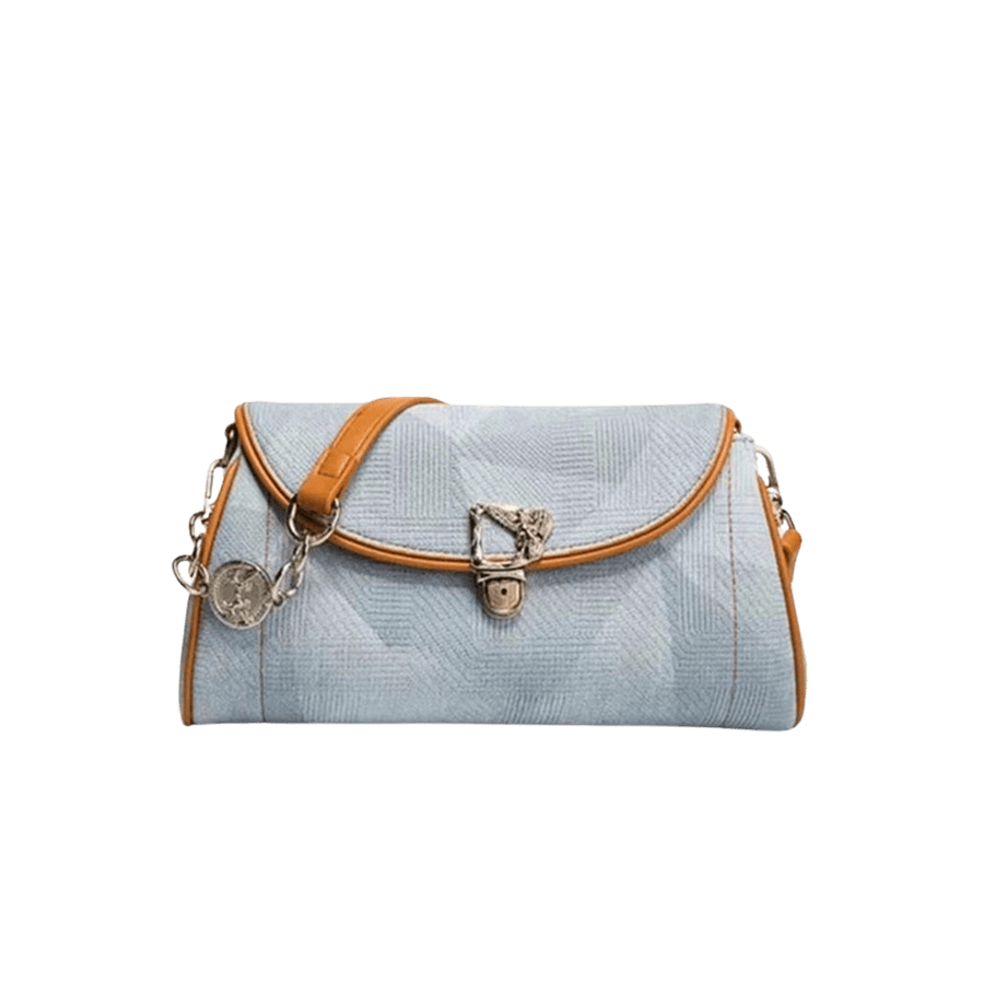 Denim ladies crossbody bag with brown trim PU and lock closure