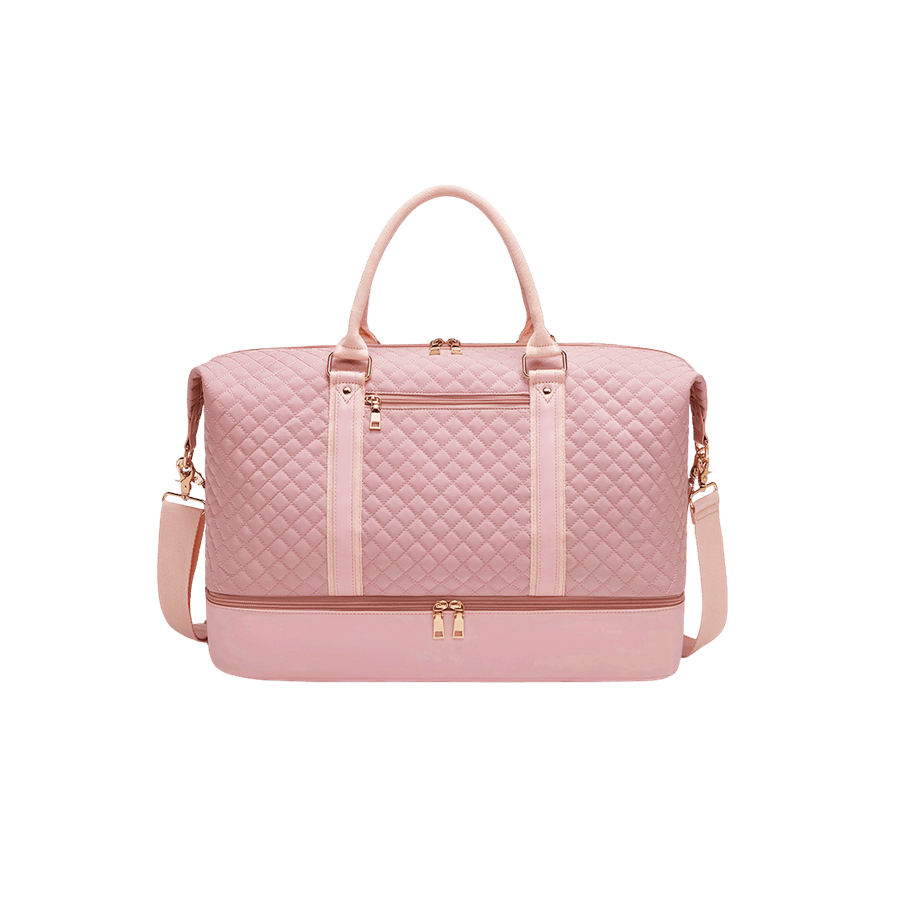 Pink embossed quilting ladies travelling bag with bottom shoes pocket and front zip pocket