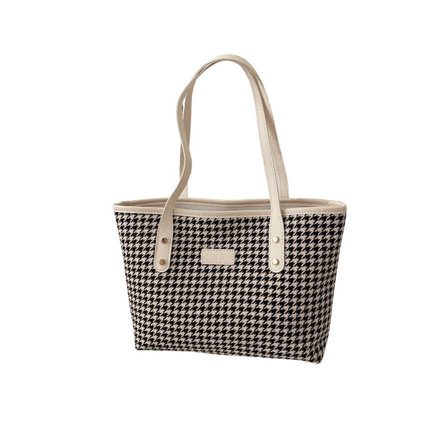 Check ladies tote bag with beige trim PU and decorative flat studs