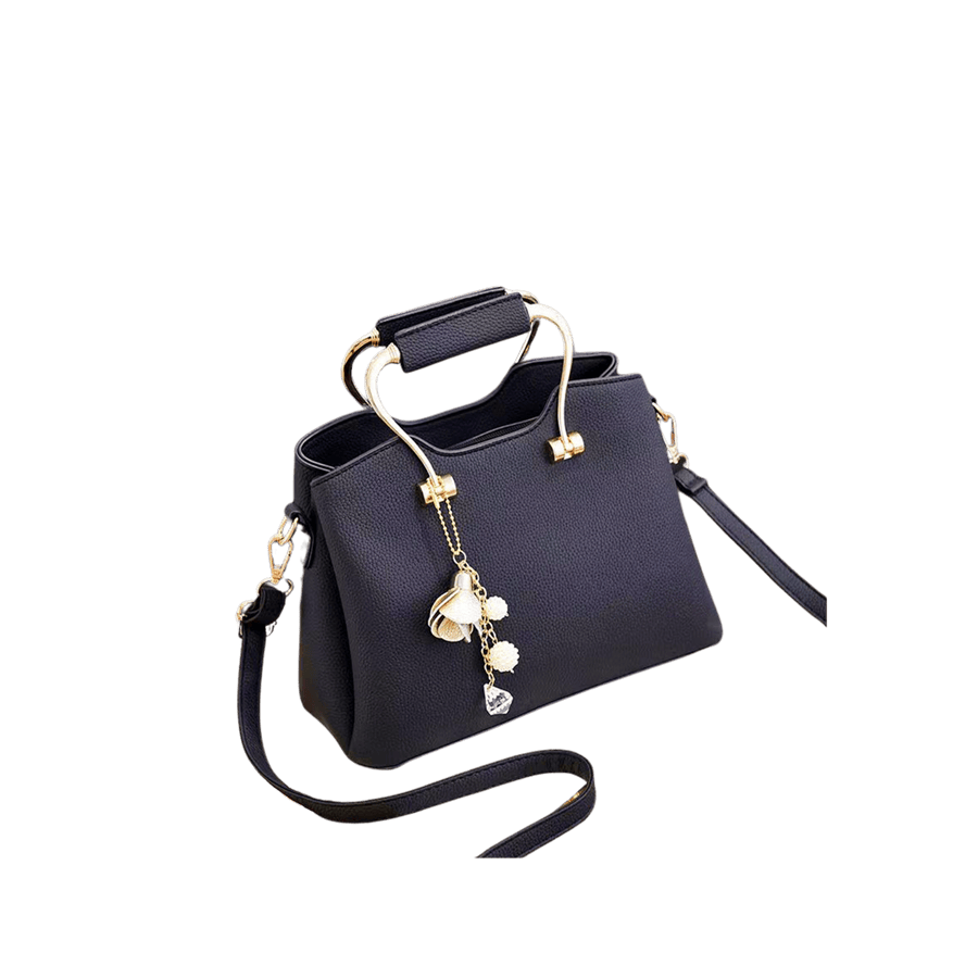 Black ladies handbag with metal flower hangtag and metal handle