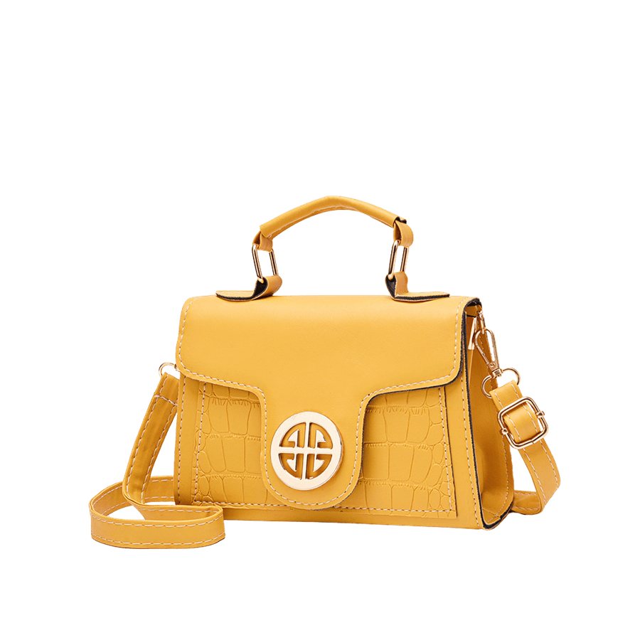 Yellow ladies handbag with round hardware on the flap and contrast edge painting