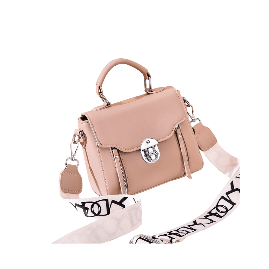 Pink ladies handbag with printing webbing shoulder strap and lock closure