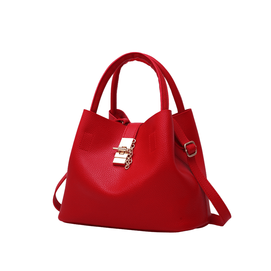 Red pebble PU ladies handbag with lock closure