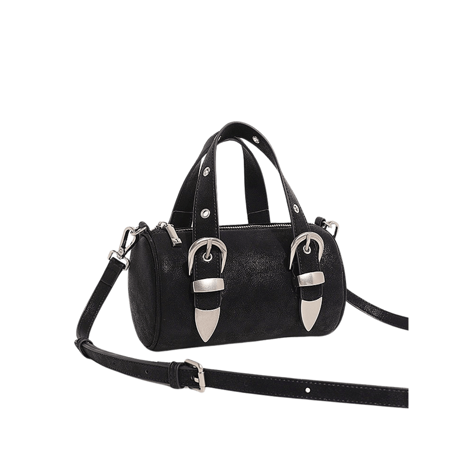 Black mini duffel bag with big metal buckle and eyelets on the handle