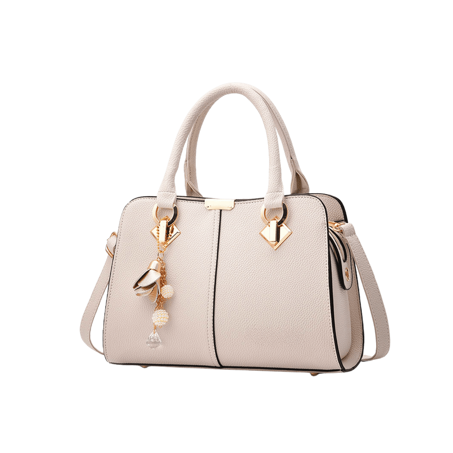 Beige ladies handbag with detachable metal flower hangtag and contrast edge painting