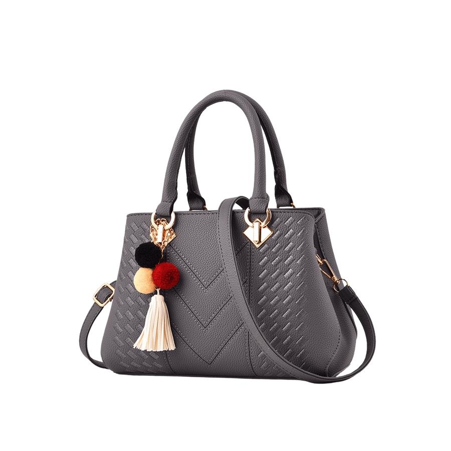 Grey weave ladies handbag with three pompom hangtag and metal tab