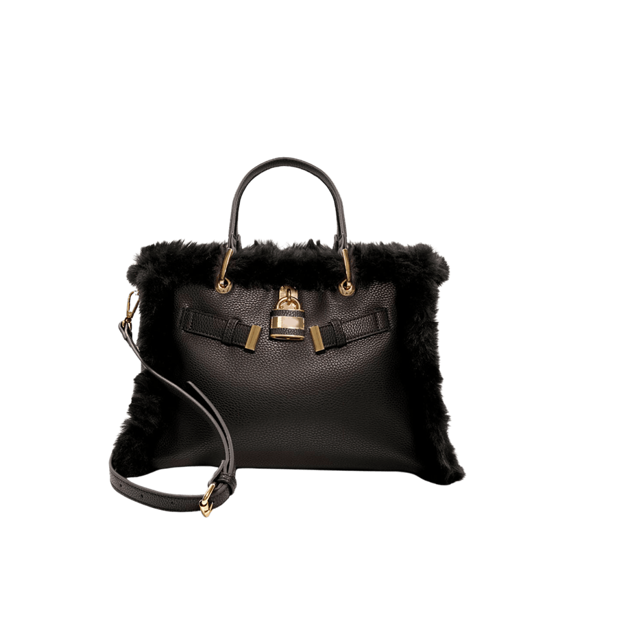 Black pebble PU ladies tote bag with trim fake fur and decorative lock