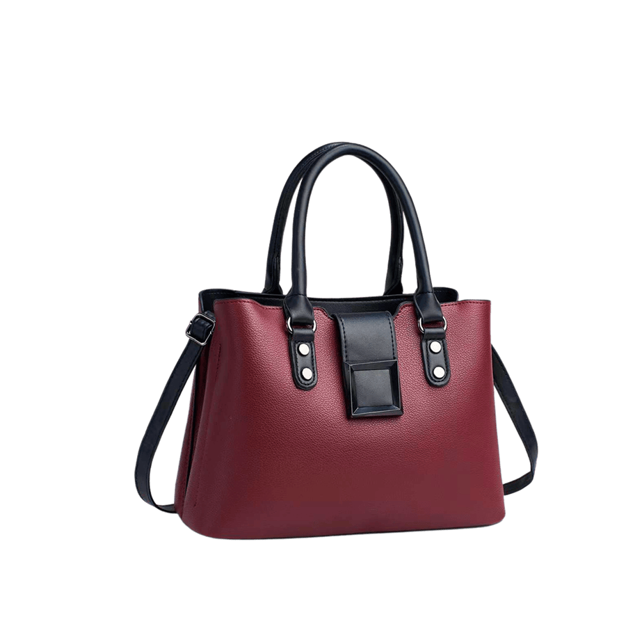 Burgundy ladies handbag with balck trim PU and decorative square hardware