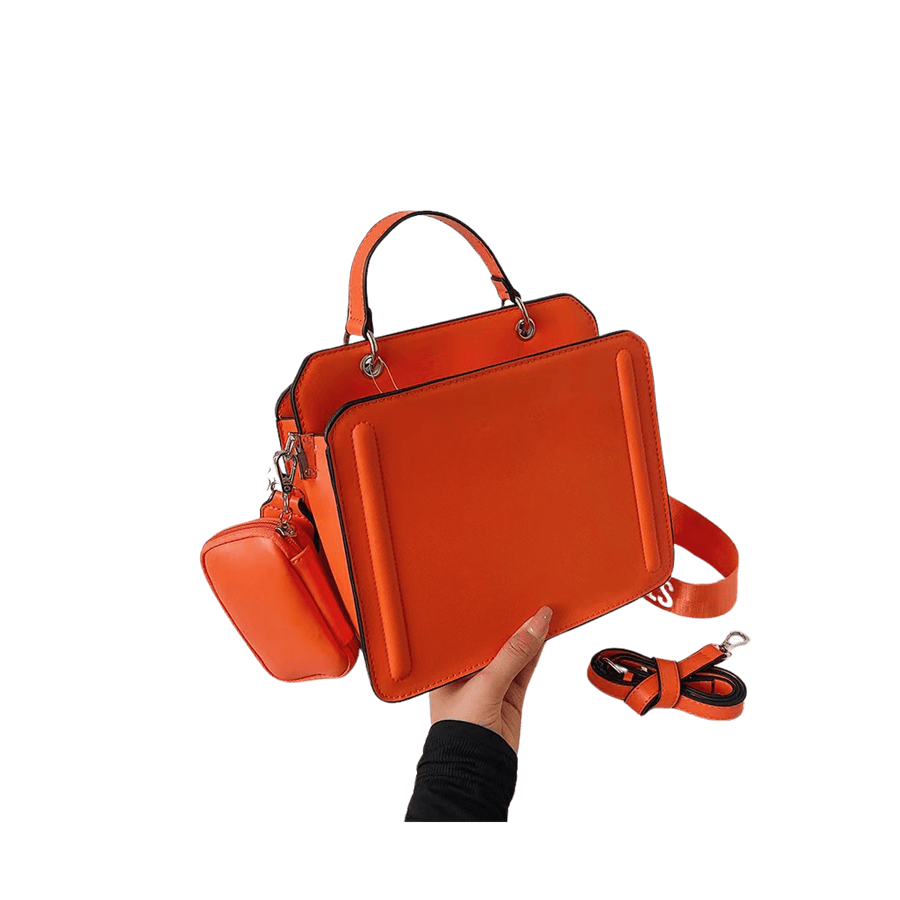 Orange ladies handbag with detachable square pouch